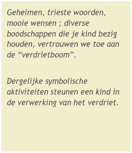 Geheimen, trieste woorden, mooie wensen ; diverse boodschappen die je kind bezig houden, vertrouwen we toe aan de “verdrietboom”. 
Dergelijke symbolische aktiviteiten steunen een kind in de verwerking van het verdriet.